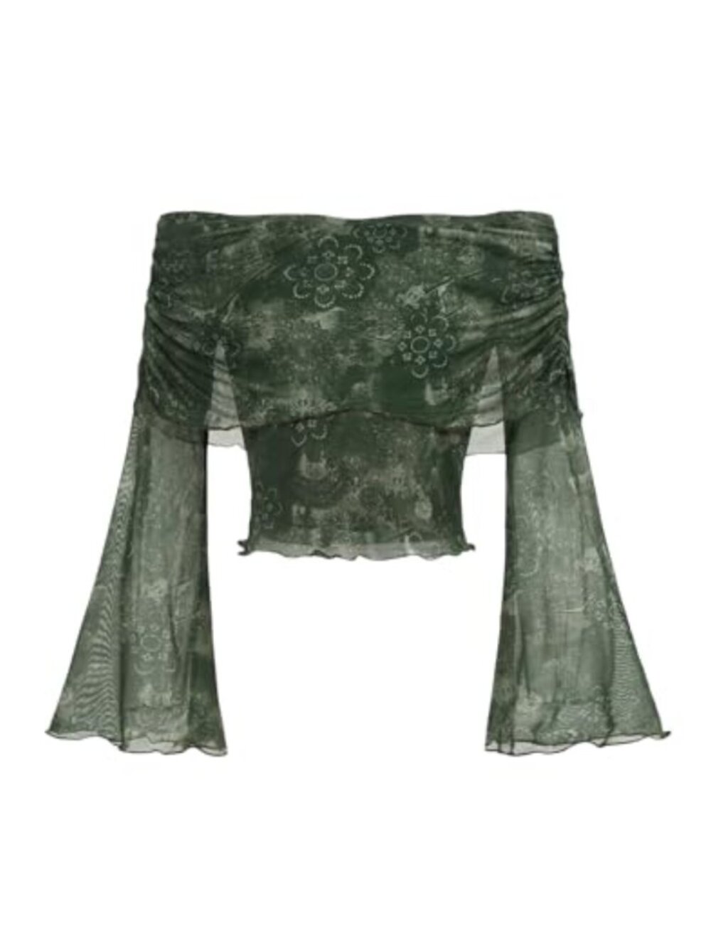 Verdusa Floral Print Cold Shoulder Bell Sleeve Mesh Crop Top